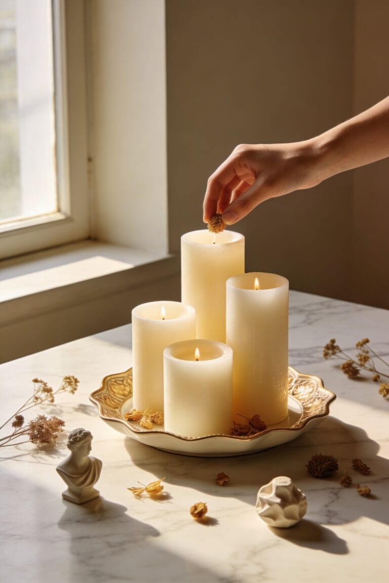 curated layered candle tray vignette