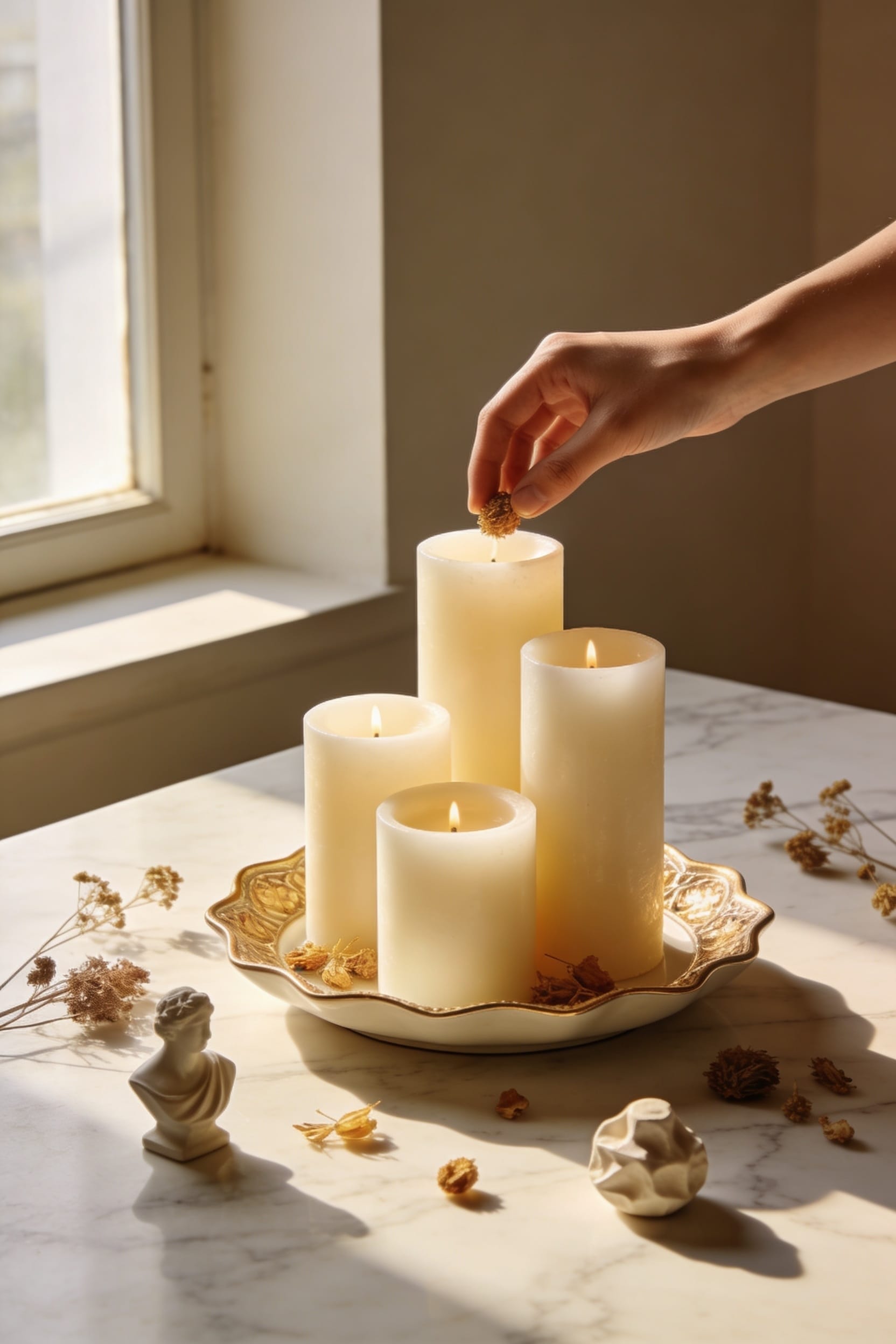curated layered candle tray vignette