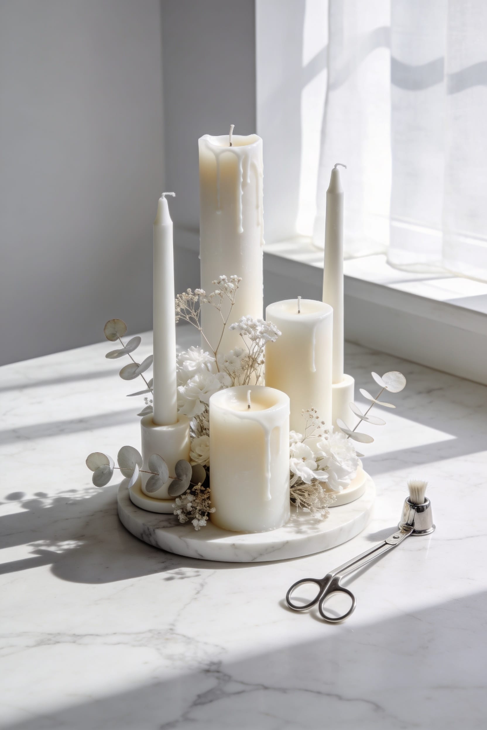 monochromatic ceramic candle centerpiece