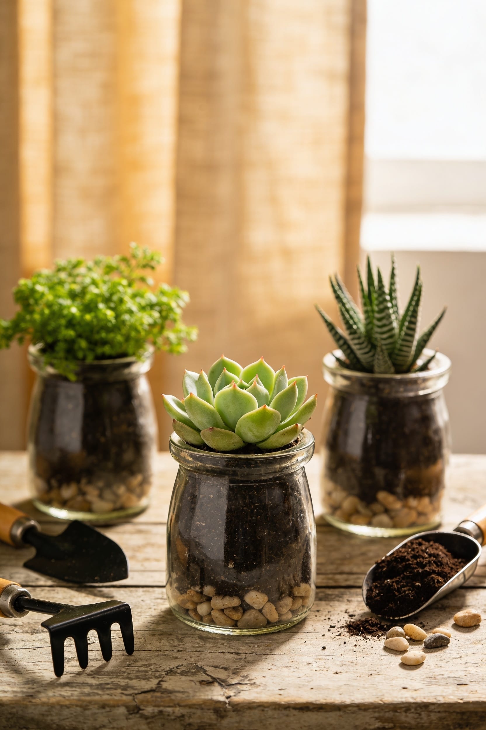 succulent terrariums in jars